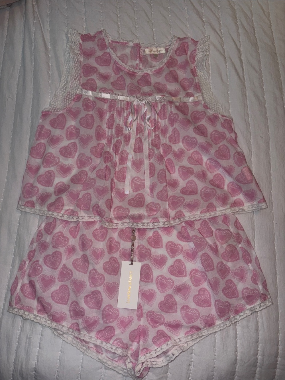 LoveShackFancy Pink Heart Print Pajama Set LG